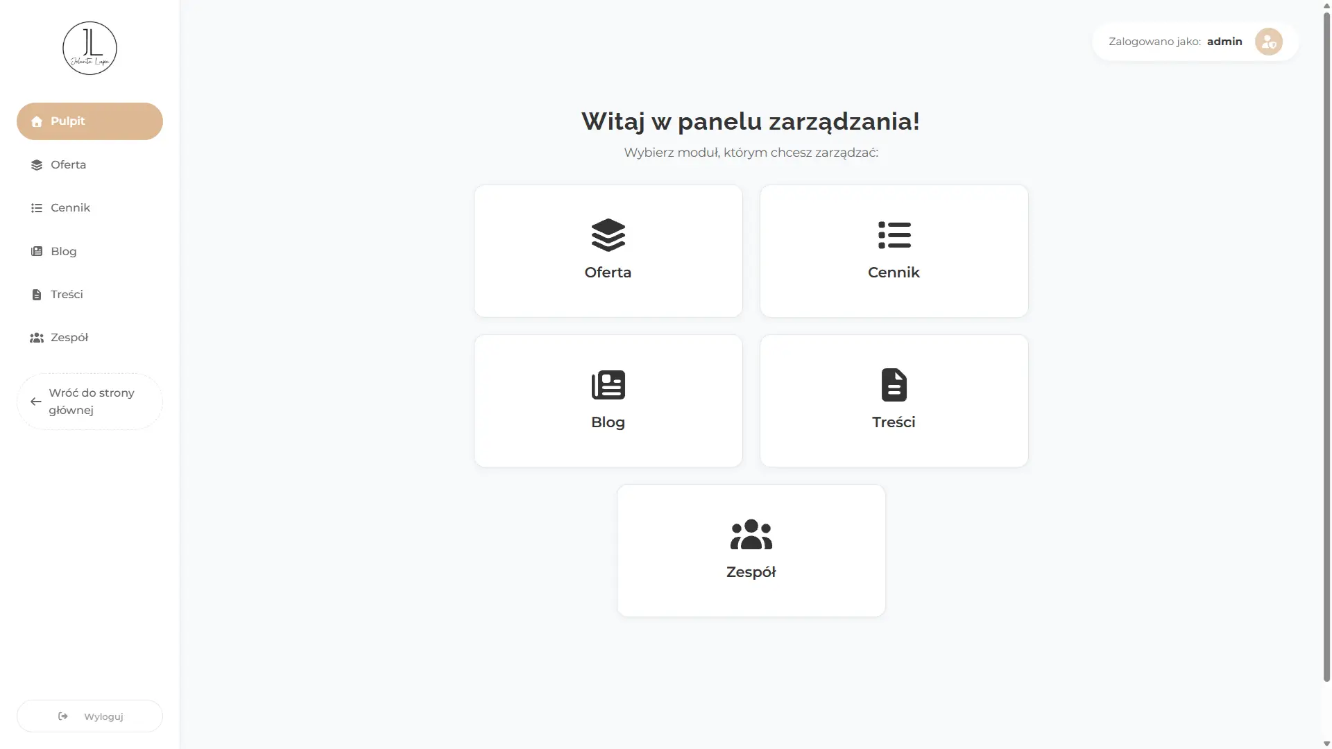 Panel administracyjny Touch of Beauty z modułami zarządzania treścią
